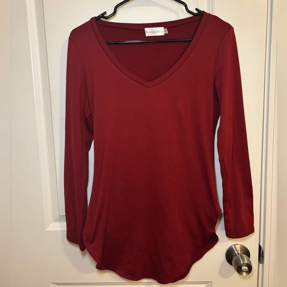 Burgundy V-Neck Long Sleeve Long Top / Tunic